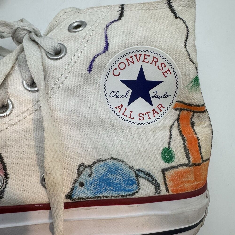 Converse All Star Hi Optical White Canvas Shoes M7650 Women's 9 Hand Painted Cat - Picture 5 of 12